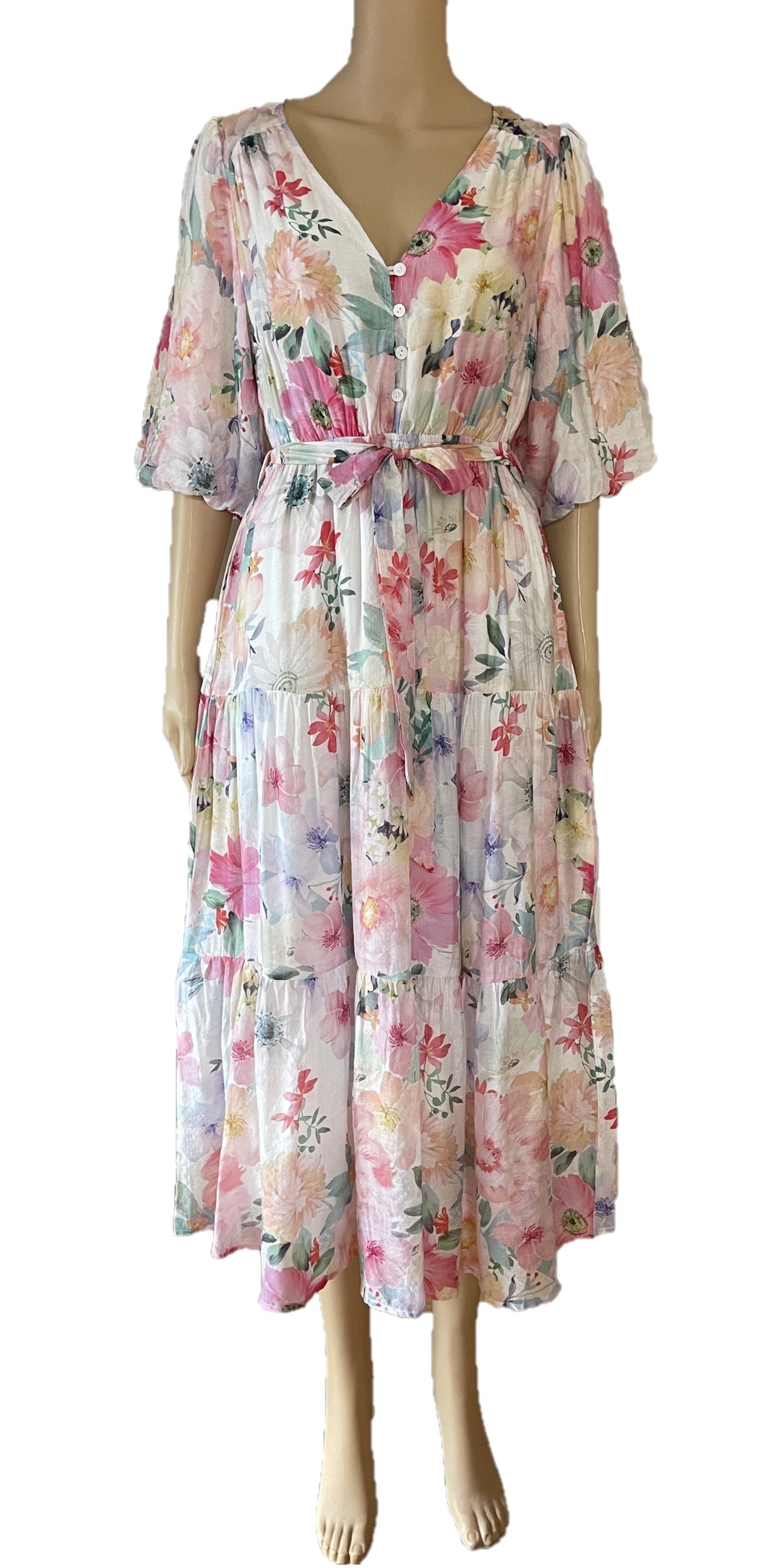 Desire Fashion pink floral puffy sleeves maxi dress 43240071-5